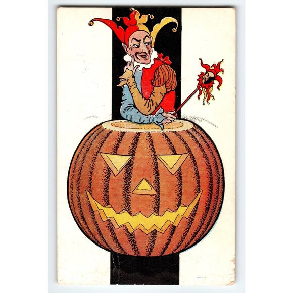 Vintage 1910 Halloween Jester in Jack-O'-Lantern Divided Back Postcard Antique - Picture 1 of 2